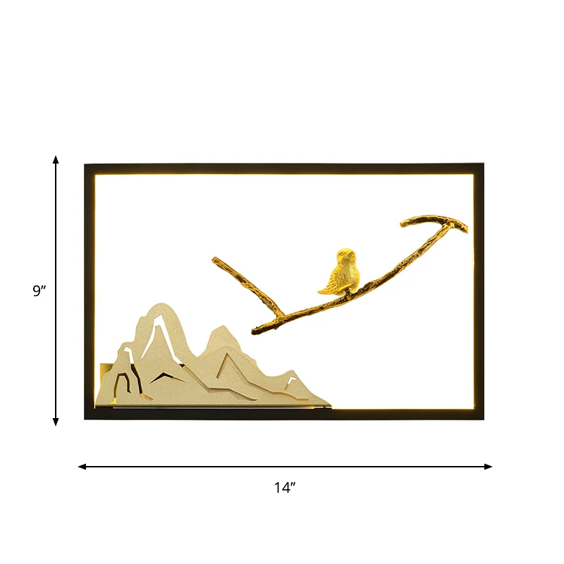 Metaal rechthoekig vogel- en bergmuurschildering licht oosterse stijl LED-wandverlichting idee zwart Clearhalo