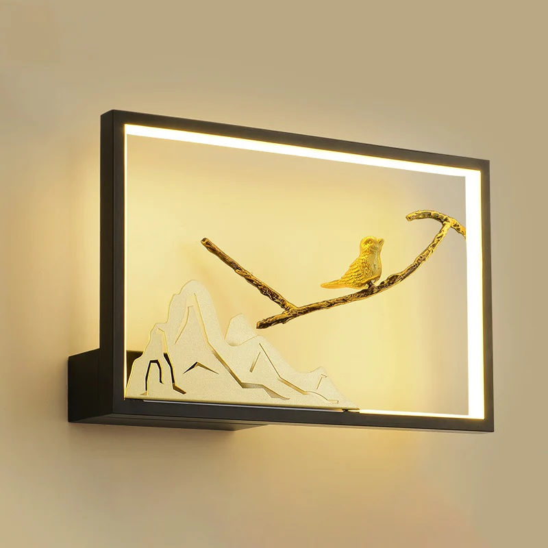 Metaal rechthoekig vogel- en bergmuurschildering licht oosterse stijl LED-wandverlichting idee zwart Clearhalo