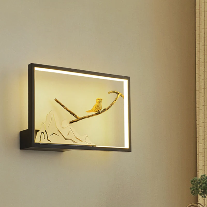 Metaal rechthoekig vogel- en bergmuurschildering licht oosterse stijl LED-wandverlichting idee zwart Clearhalo