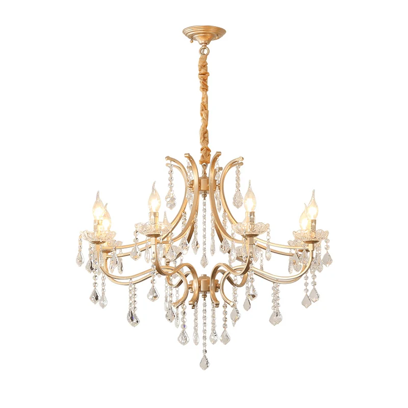 Metaal vergulde kroonluchter kaars antieke stijl hangende plafondlamp met kristallen drapering Clearhalo