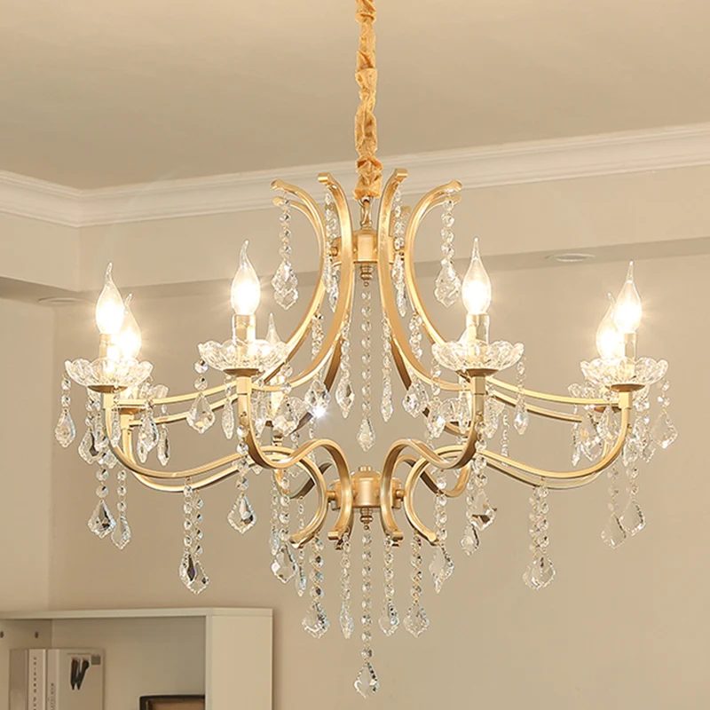 Metaal vergulde kroonluchter kaars antieke stijl hangende plafondlamp met kristallen drapering Clearhalo