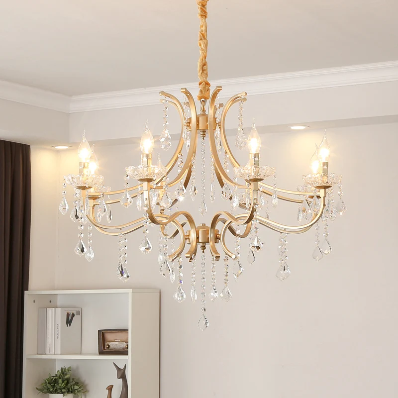 Metaal vergulde kroonluchter kaars antieke stijl hangende plafondlamp met kristallen drapering Clearhalo