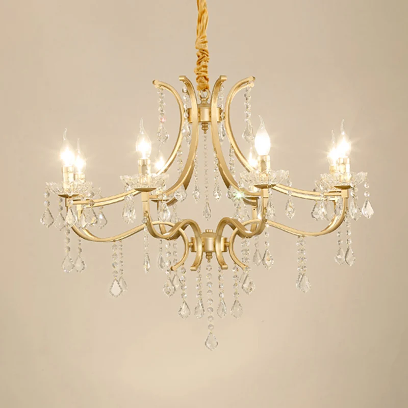 Metaal vergulde kroonluchter kaars antieke stijl hangende plafondlamp met kristallen drapering Clearhalo