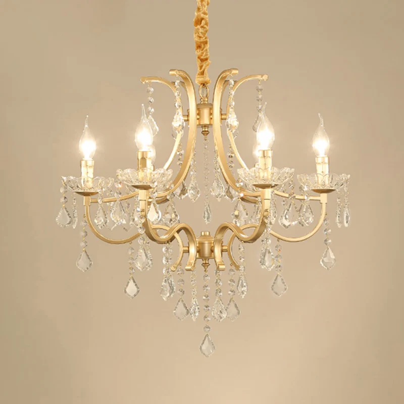 Metaal vergulde kroonluchter kaars antieke stijl hangende plafondlamp met kristallen drapering Clearhalo