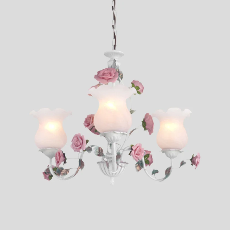 Metaal witte kroonluchter lichtarmatuur bochtige arm 3/5/6 lampen pastorale Rose Down verlichting voor slaapkamer Clearhalo