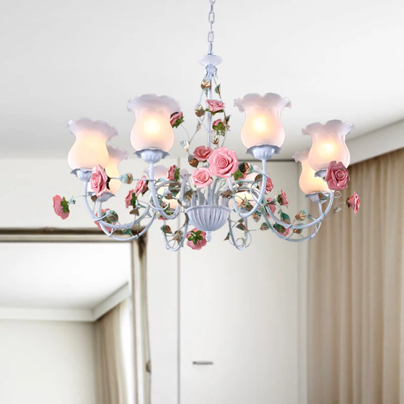 Metaal witte kroonluchter lichtarmatuur bochtige arm 3/5/6 lampen pastorale Rose Down verlichting voor slaapkamer Clearhalo