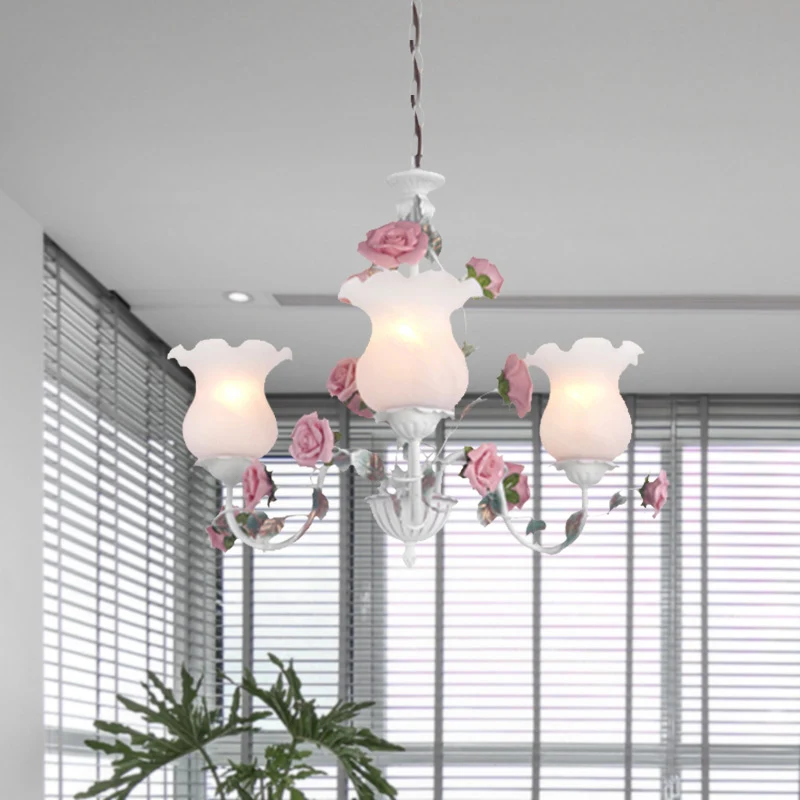 Metaal witte kroonluchter lichtarmatuur bochtige arm 3/5/6 lampen pastorale Rose Down verlichting voor slaapkamer Clearhalo