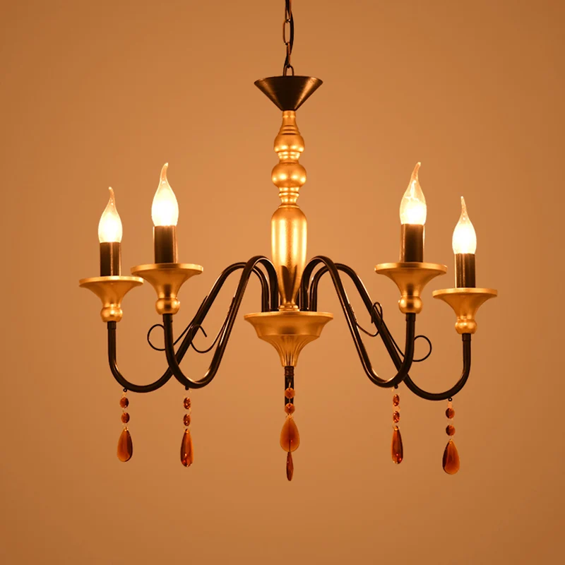 Metaal Zwart-Goud Hanglamp Kandelaar 3/5/8 Hoofden Boerderij Hangende Kroonluchter met Amber Kristallen Gordijn Clearhalo