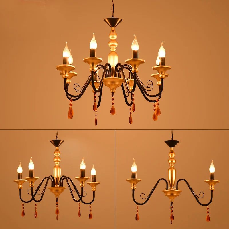 Metaal Zwart-Goud Hanglamp Kandelaar 3/5/8 Hoofden Boerderij Hangende Kroonluchter met Amber Kristallen Gordijn Clearhalo