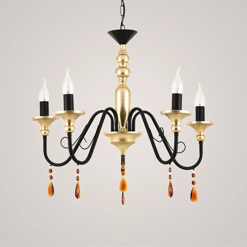 Metaal Zwart-Goud Hanglamp Kandelaar 3/5/8 Hoofden Boerderij Hangende Kroonluchter met Amber Kristallen Gordijn Clearhalo