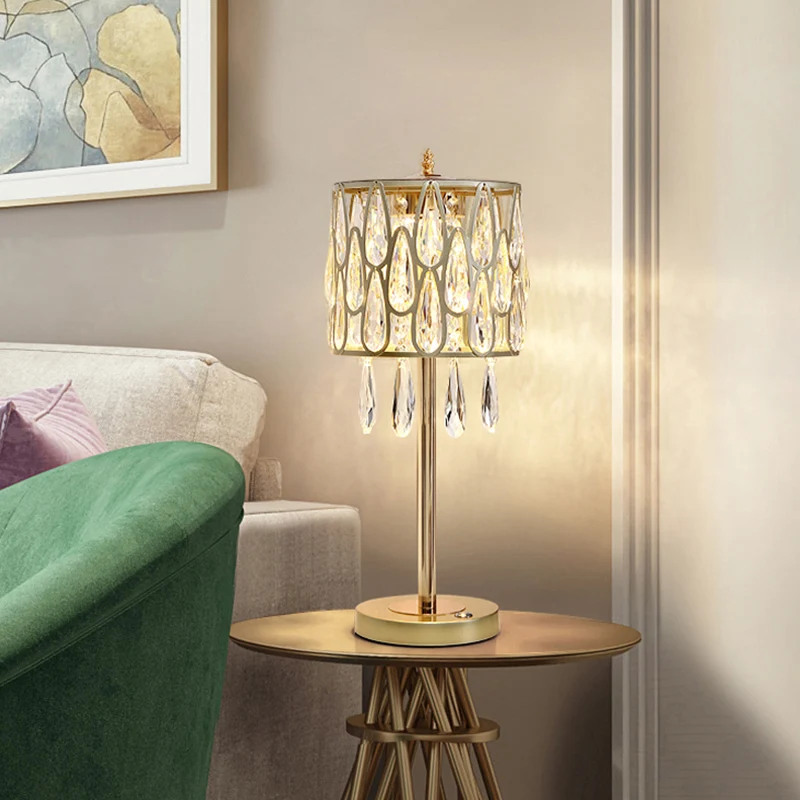 Metaal Zwart/Goud/Champagne Nachtkastje Lamp Drum Schaduw 1 Kop Hedendaagse Tafellamp met Kristallen Regendruppels Ingeleg...