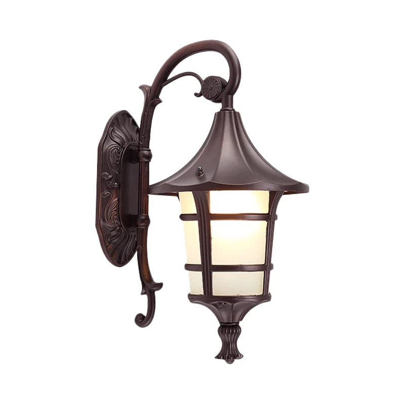 Metaal Zwart/Koffie/Brons Wandlamp Blaker Gebogen Arm 1 Licht Lodge-stijl Wandlamp met Witte Glazen Kap Clearhalo