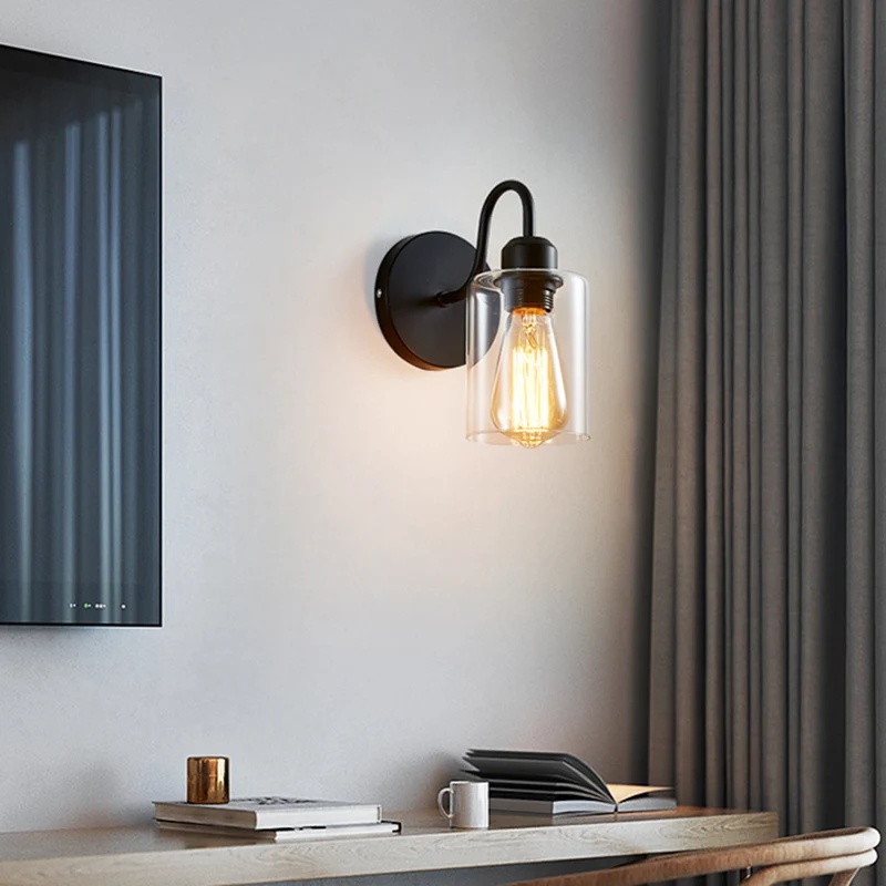 Metaalbewapende wandkandelaar, enkele lichte wandlamp met cilinderglazen kap voor slaapkamer Clearhalo