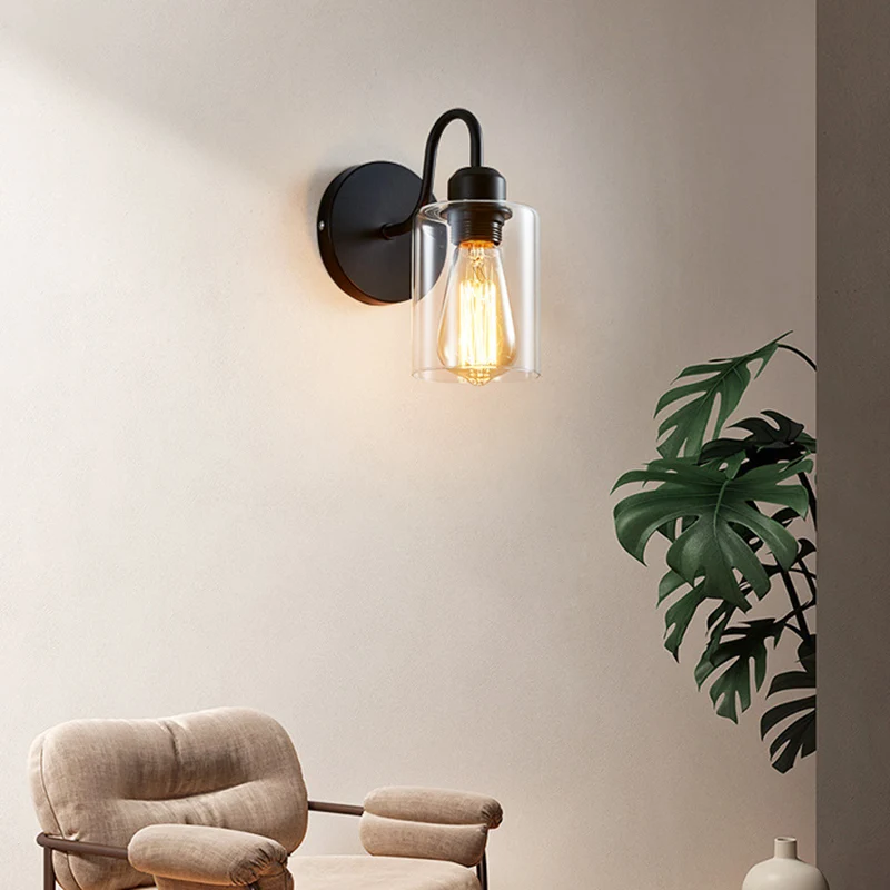 Metaalbewapende wandkandelaar, enkele lichte wandlamp met cilinderglazen kap voor slaapkamer Clearhalo