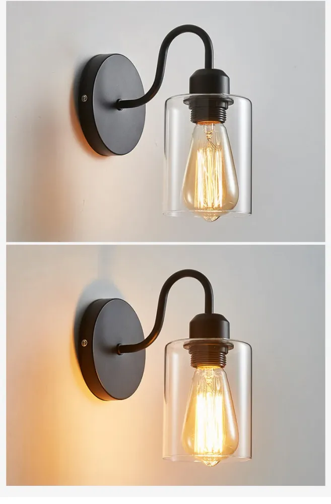 Metaalbewapende wandkandelaar, enkele lichte wandlamp met cilinderglazen kap voor slaapkamer Clearhalo