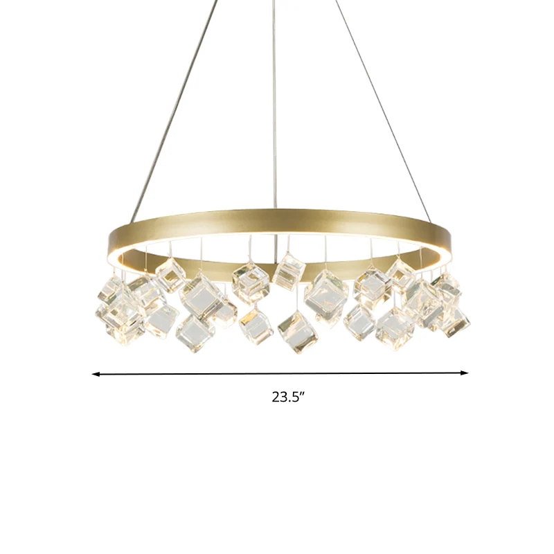 Metaalgouden hangende hanglamp Ring LED postmoderne plafondkroonluchter warm/wit licht met kubieke kristallen druppel Clea...