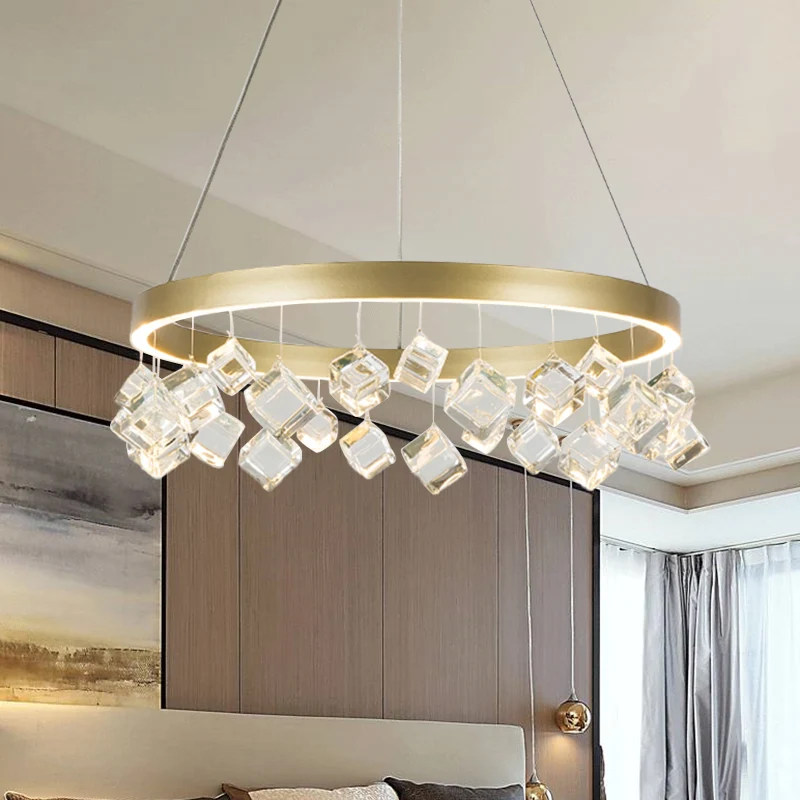 Metaalgouden hangende hanglamp Ring LED postmoderne plafondkroonluchter warm/wit licht met kubieke kristallen druppel Clea...