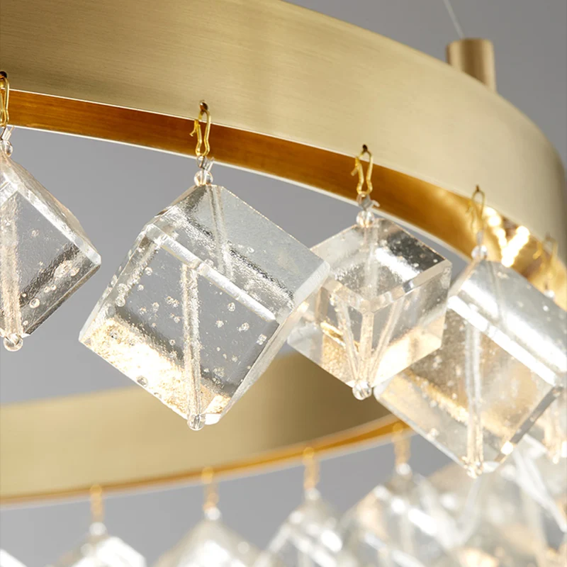 Metaalgouden hangende hanglamp Ring LED postmoderne plafondkroonluchter warm/wit licht met kubieke kristallen druppel Clea...