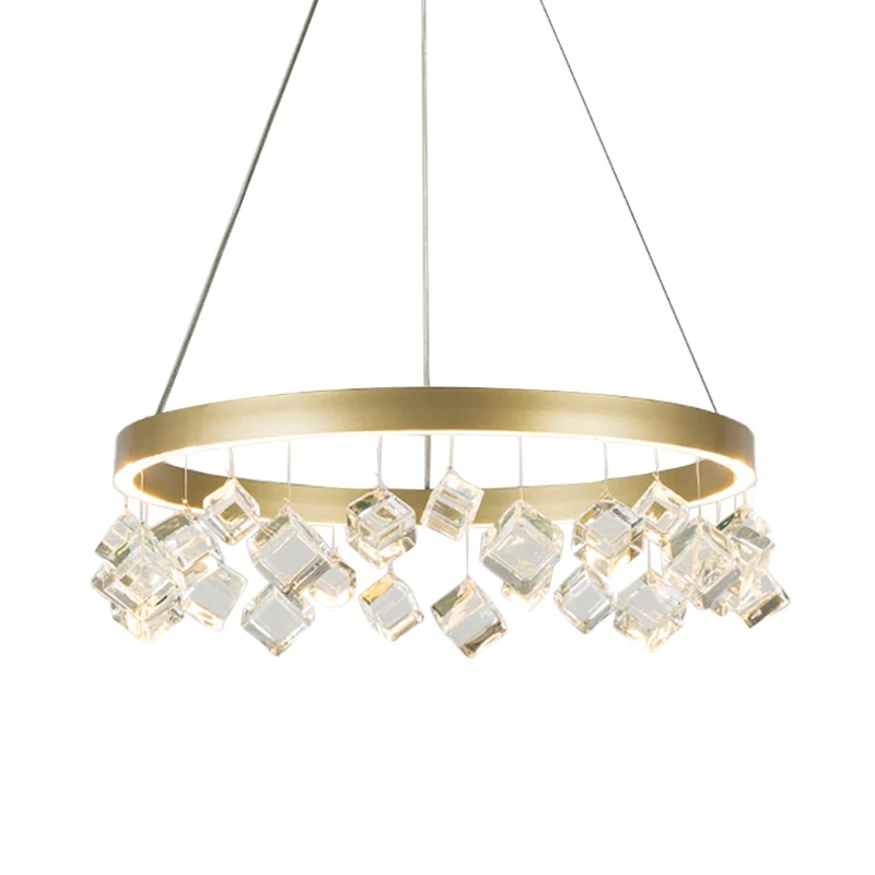 Metaalgouden hangende hanglamp Ring LED postmoderne plafondkroonluchter warm/wit licht met kubieke kristallen druppel Clea...