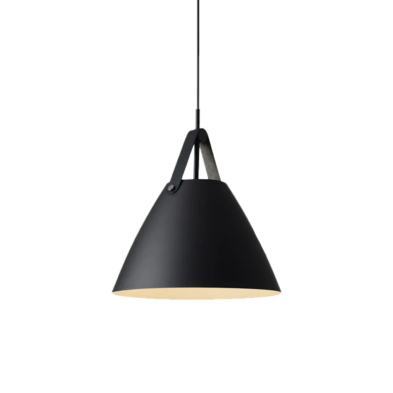 Metalen afgeknotte kegelvormige hanglamp Nordic 1-lichts zwart/grijs/wit ophangverlichting met lederen band, 10,5"/14" W C...