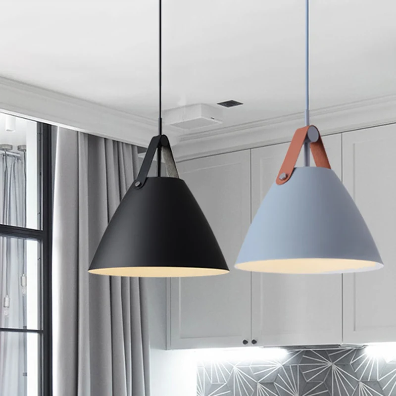 Metalen afgeknotte kegelvormige hanglamp Nordic 1-lichts zwart/grijs/wit ophangverlichting met lederen band, 10,5"/14" W C...