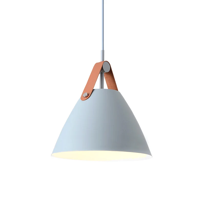 Metalen afgeknotte kegelvormige hanglamp Nordic 1-lichts zwart/grijs/wit ophangverlichting met lederen band, 10,5"/14" W C...