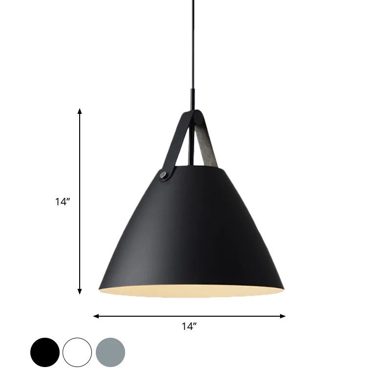 Metalen afgeknotte kegelvormige hanglamp Nordic 1-lichts zwart/grijs/wit ophangverlichting met lederen band, 10,5"/14" W C...