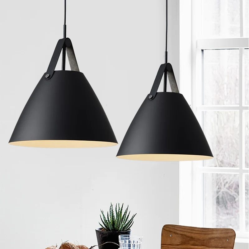 Metalen afgeknotte kegelvormige hanglamp Nordic 1-lichts zwart/grijs/wit ophangverlichting met lederen band, 10,5"/14" W C...
