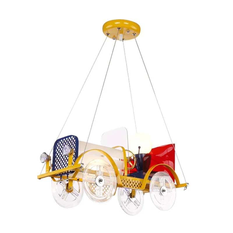 Metalen autovormige hanglamp met chauffeur Cartoon kroonluchter geel voor babykamer Clearhalo