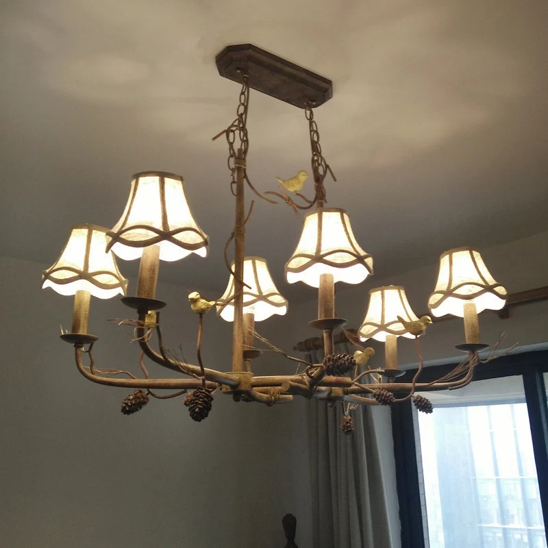 Metalen Bell Shade hangende kroonluchter Country 6-lichts woonkamer hanglamp bruin met lineaire luifel Clearhalo