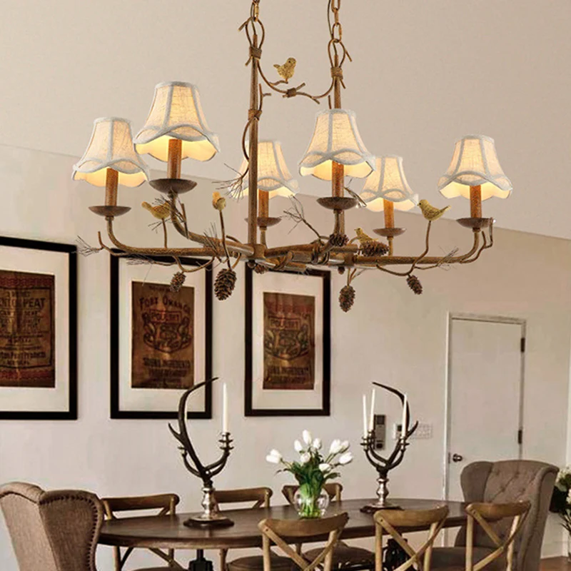 Metalen Bell Shade hangende kroonluchter Country 6-lichts woonkamer hanglamp bruin met lineaire luifel Clearhalo