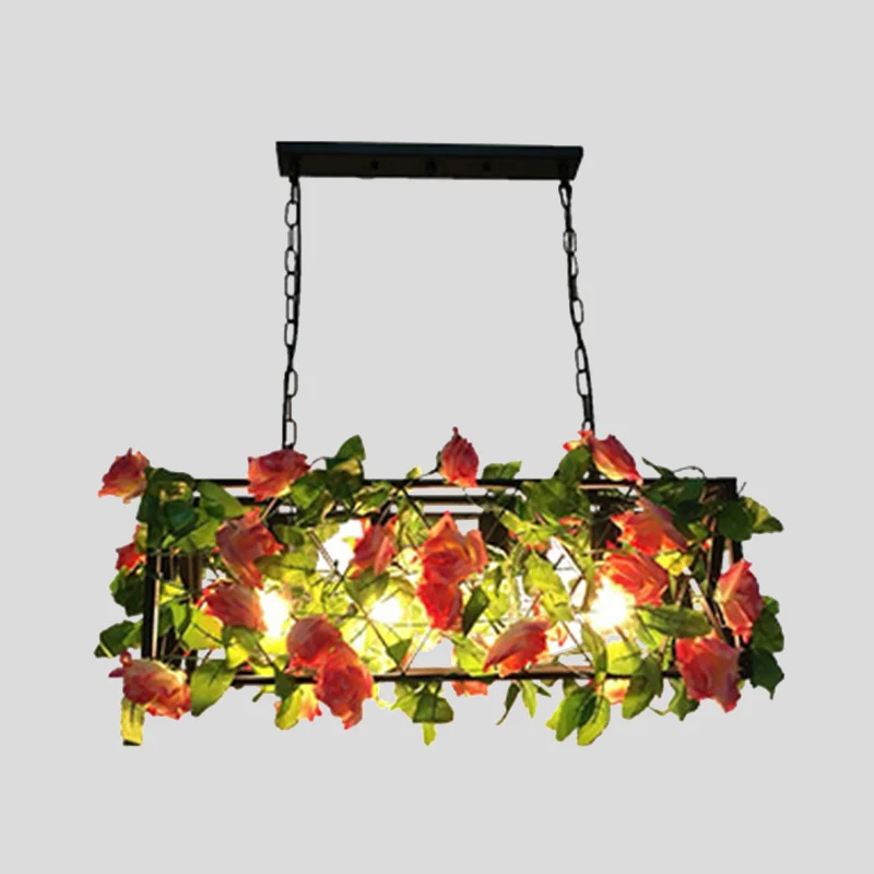 Metalen Black Island hanglamp rechthoekig 4 lampen industriële LED plafond hanglamp met rozendecor Clearhalo