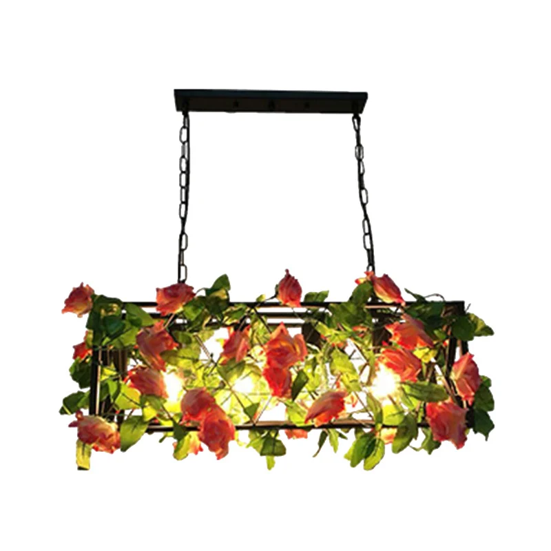 Metalen Black Island hanglamp rechthoekig 4 lampen industriële LED plafond hanglamp met rozendecor Clearhalo
