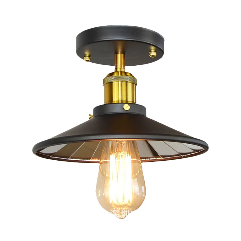 Metalen brede flare semi-inbouwverlichting Industriële 1-lichts studeerkamer dicht bij plafondlamp zwart Clearhalo