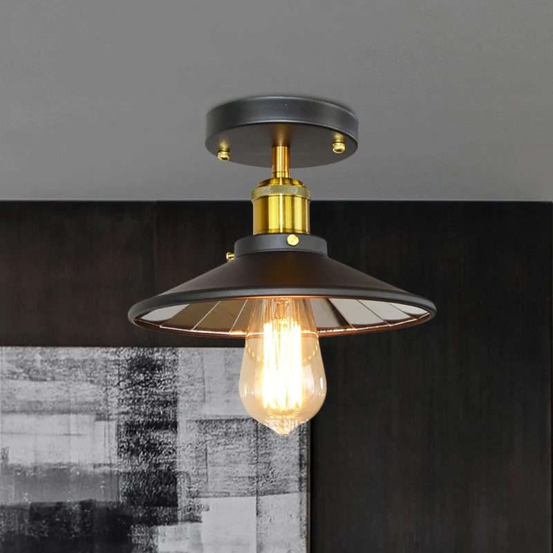 Metalen brede flare semi-inbouwverlichting Industriële 1-lichts studeerkamer dicht bij plafondlamp zwart Clearhalo