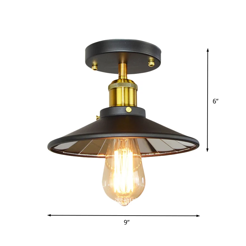 Metalen brede flare semi-inbouwverlichting Industriële 1-lichts studeerkamer dicht bij plafondlamp zwart Clearhalo