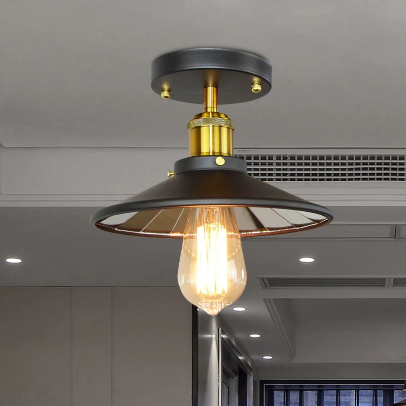 Metalen brede flare semi-inbouwverlichting Industriële 1-lichts studeerkamer dicht bij plafondlamp zwart Clearhalo