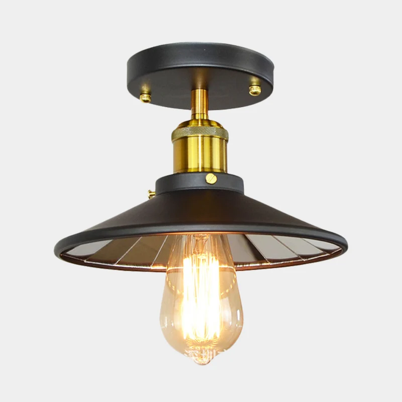 Metalen brede flare semi-inbouwverlichting Industriële 1-lichts studeerkamer dicht bij plafondlamp zwart Clearhalo