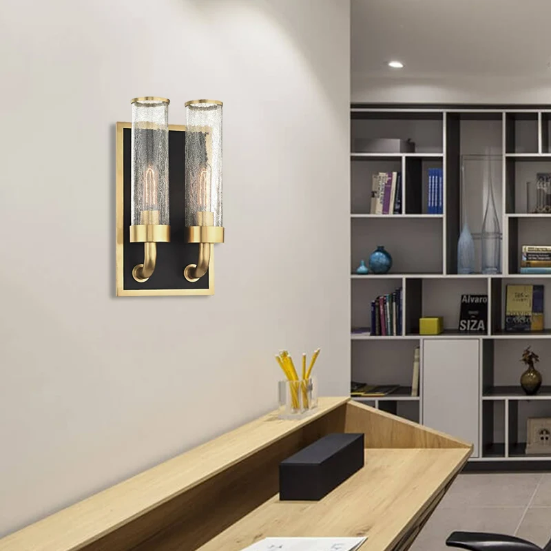 Metalen buis wandverlichting Vintage 1/2 lampen Eetkamer Schans Lichtarmatuur messing met helder craquelé glazen kap Clear...