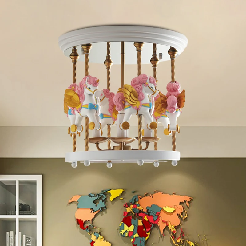 Metalen Carrousel Semi Flush Cartoon 4-Lamp Rood/Roze/Geel Inbouw Verlichtingsarmatuur voor Kinderkamer Clearhalo