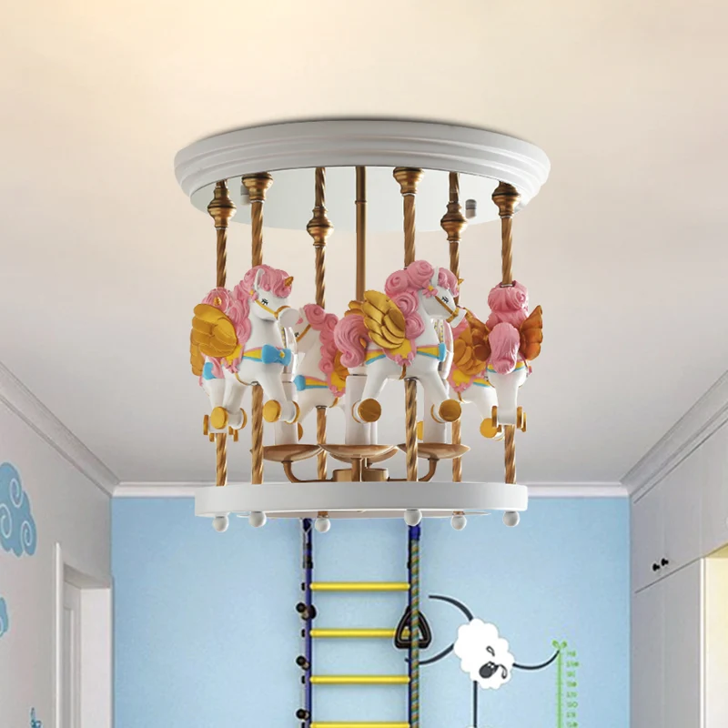 Metalen Carrousel Semi Flush Cartoon 4-Lamp Rood/Roze/Geel Inbouw Verlichtingsarmatuur voor Kinderkamer Clearhalo