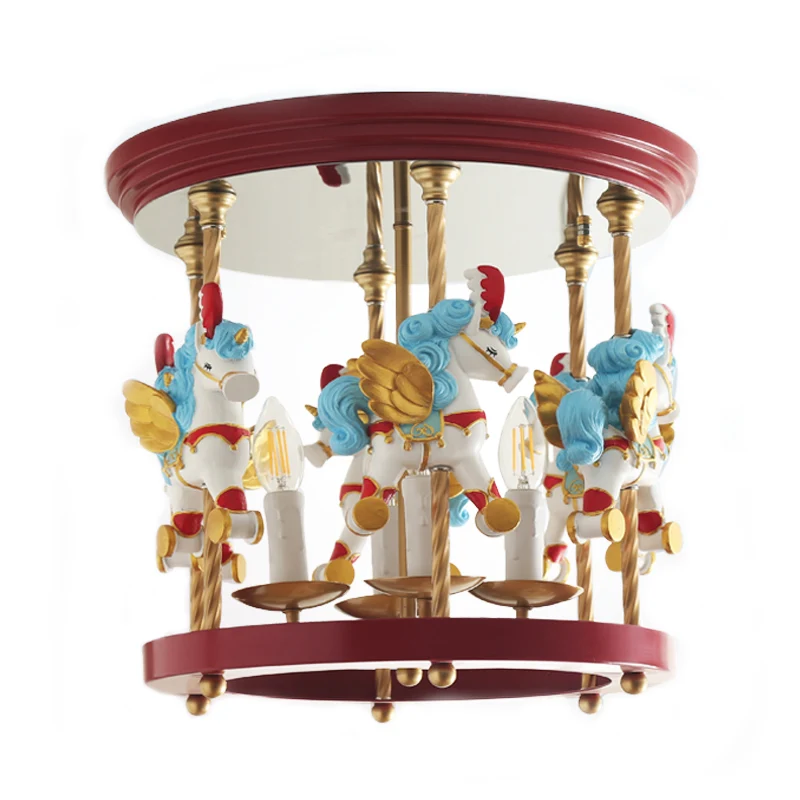 Metalen Carrousel Semi Flush Cartoon 4-Lamp Rood/Roze/Geel Inbouw Verlichtingsarmatuur voor Kinderkamer Clearhalo