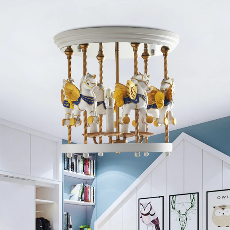 Metalen Carrousel Semi Flush Cartoon 4-Lamp Rood/Roze/Geel Inbouw Verlichtingsarmatuur voor Kinderkamer Clearhalo
