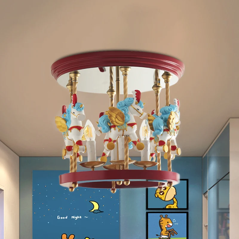 Metalen Carrousel Semi Flush Cartoon 4-Lamp Rood/Roze/Geel Inbouw Verlichtingsarmatuur voor Kinderkamer Clearhalo