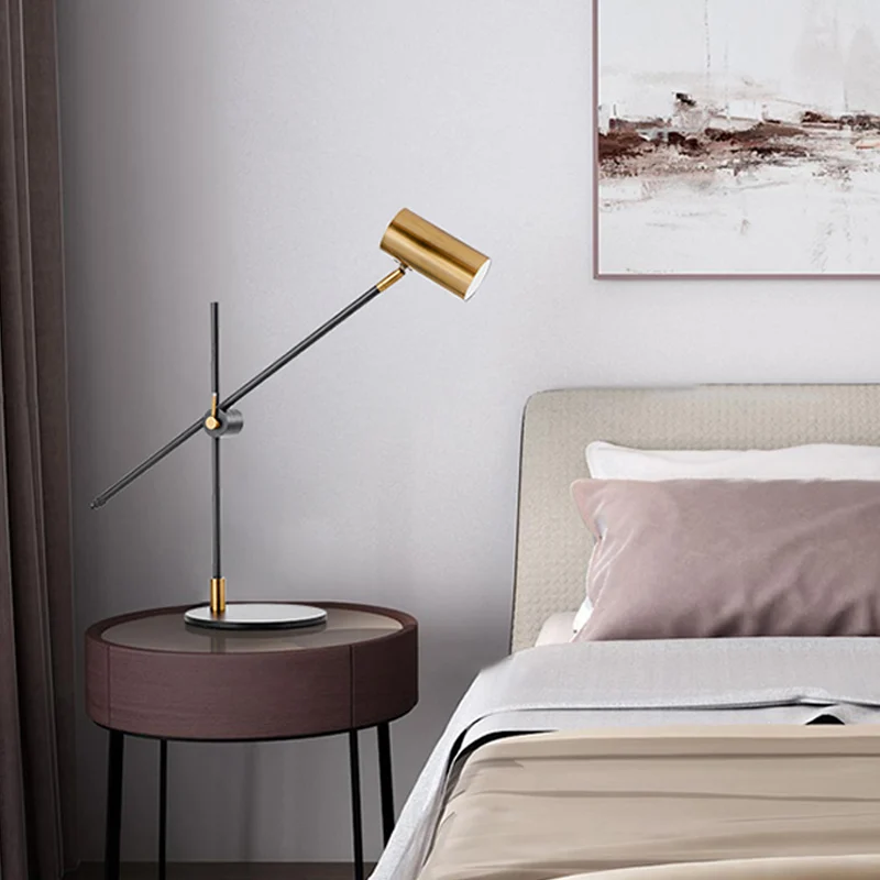 Metalen cilinder tafellamp modern 1-lamps kleine bureaulamp zwart en goud met draaibaar knooppunt Clearhalo