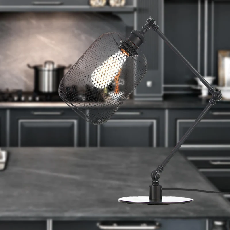 Metalen cilindrische tafelverlichting, industriële stijl, 1 lamp, zwart/messing afwerking, verstelbare tafellamp met gaass...