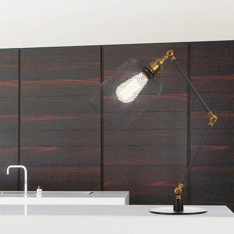 Metalen cilindrische tafelverlichting, industriële stijl, 1 lamp, zwart/messing afwerking, verstelbare tafellamp met gaass...