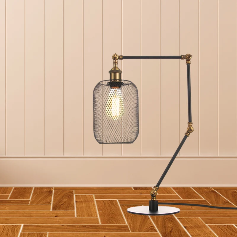 Metalen cilindrische tafelverlichting, industriële stijl, 1 lamp, zwart/messing afwerking, verstelbare tafellamp met gaass...