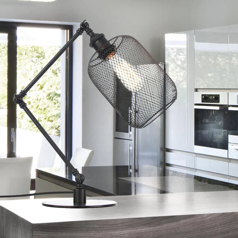 Metalen cilindrische tafelverlichting, industriële stijl, 1 lamp, zwart/messing afwerking, verstelbare tafellamp met gaass...