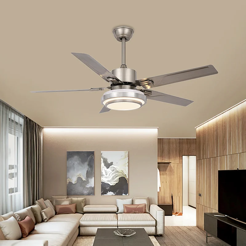Metalen cirkel hangende ventilator licht modernisme slaapkamer 48" W LED semi-inbouwlamp nikkel met 5 zilveren bladen, fre...